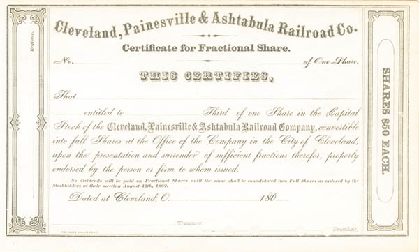Cleveland, Painesville and Ashtabula Railroad Co. - Circa 1860's Unissued Ohio Railway Stock Certificate